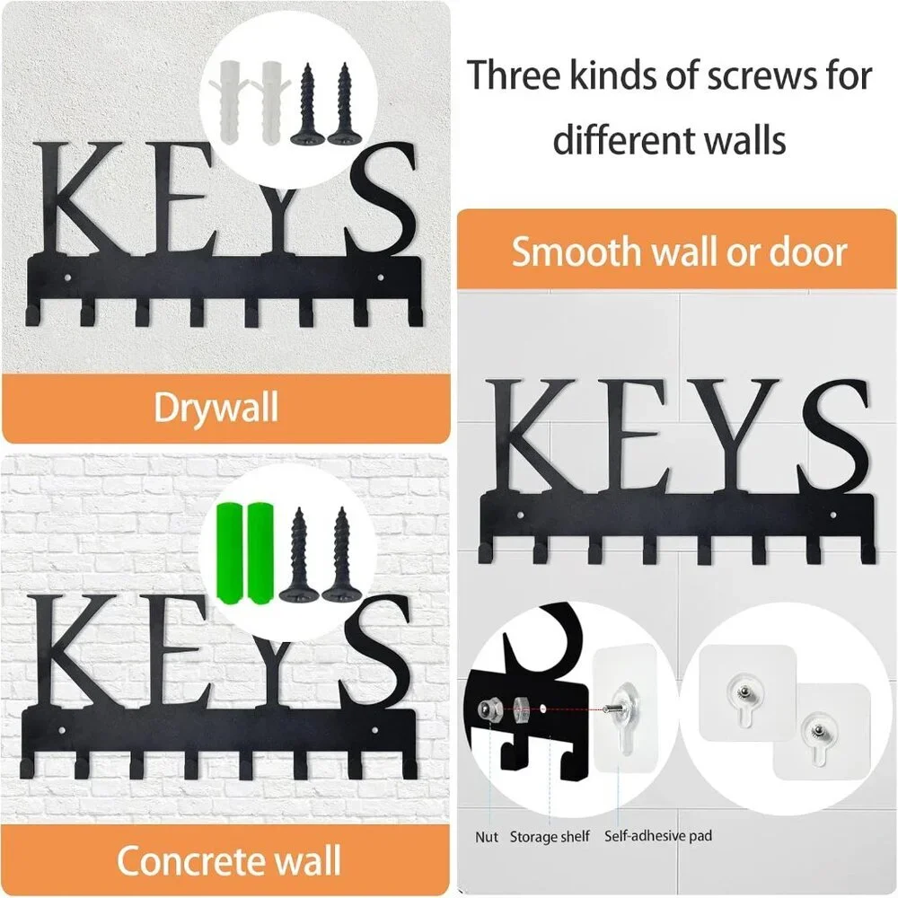 8-Hook Matte Black Key Organizer for Wall - Easy Installation and Stylish Design